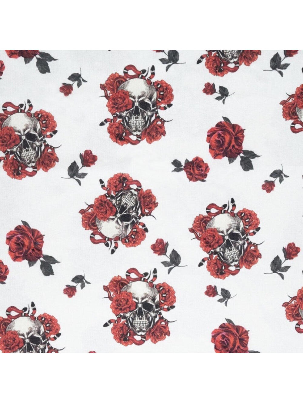 Skulls with Red Roses  on white  Cotton Novelty Fabric  by the 1/2 Yard
